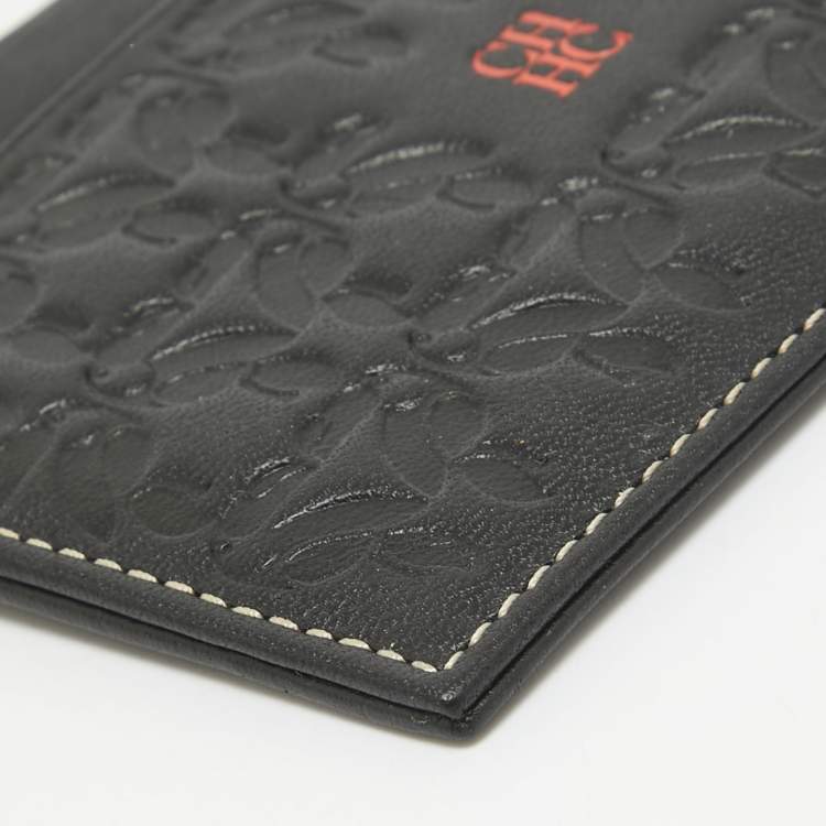 Pre Owned CH Carolina Herrera Black/Red Embossed Leather Card Holder