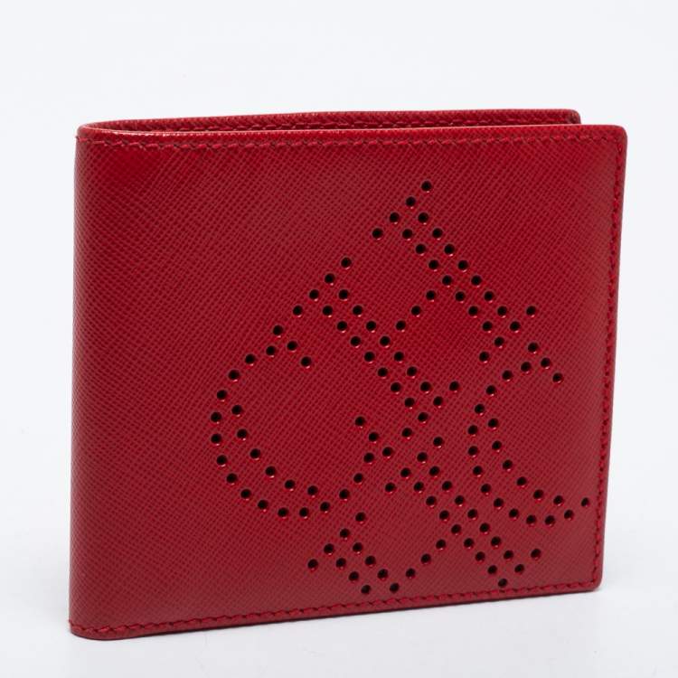 Pre Owned CH Carolina Herrera Red Leather Perforated Logo Bifold Wallet