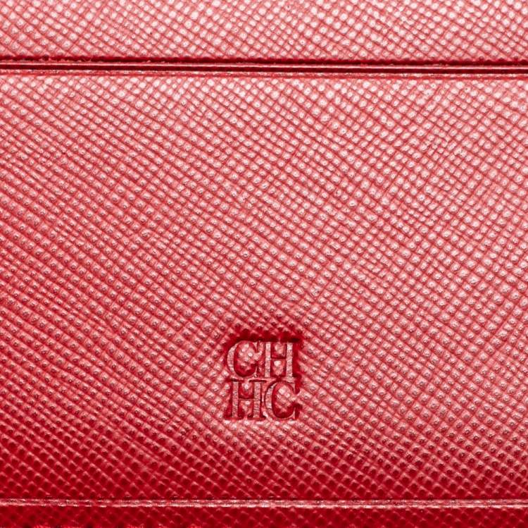 Pre Owned CH Carolina Herrera Red Leather Perforated Logo Bifold Wallet