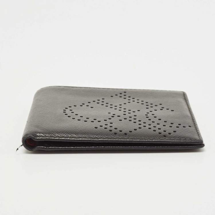 Pre Owned CH Carolina Herrera Black Leather Perforated Logo Bifold Wallet
