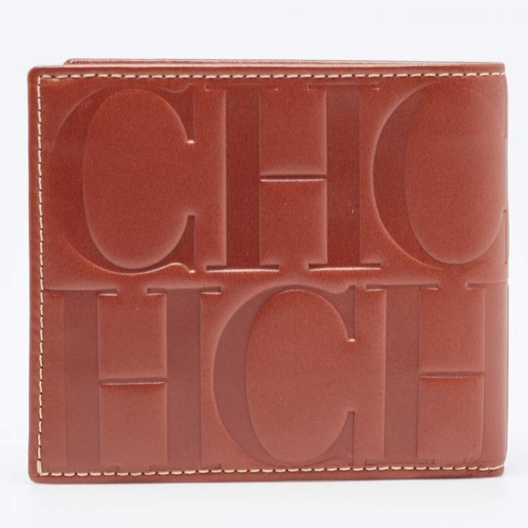 Pre Owned CH Carolina Herrera Tan Monogram Embossed Leather Bifold Wallet