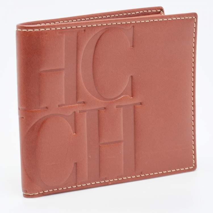 Pre Owned CH Carolina Herrera Tan Monogram Embossed Leather Bifold Wallet