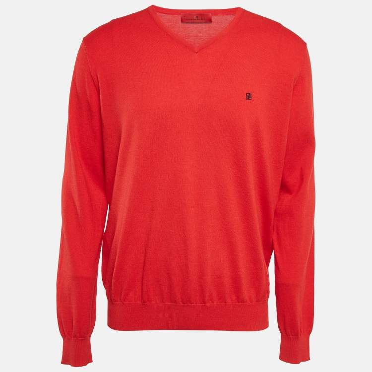 Pre Owned CH Carolina Herrera Red Wool Knit V-Neck Sweater XL