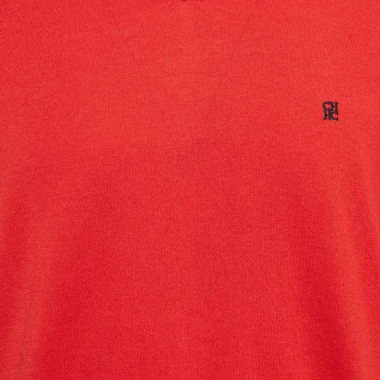 Pre Owned CH Carolina Herrera Red Wool Knit V-Neck Sweater XL