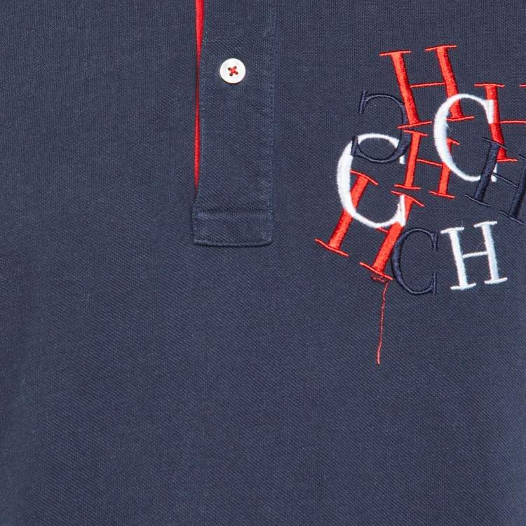 Pre Owned CH Carolina Herrera Navy Blue Logo Embroidered Cotton Polo T-Shirt L