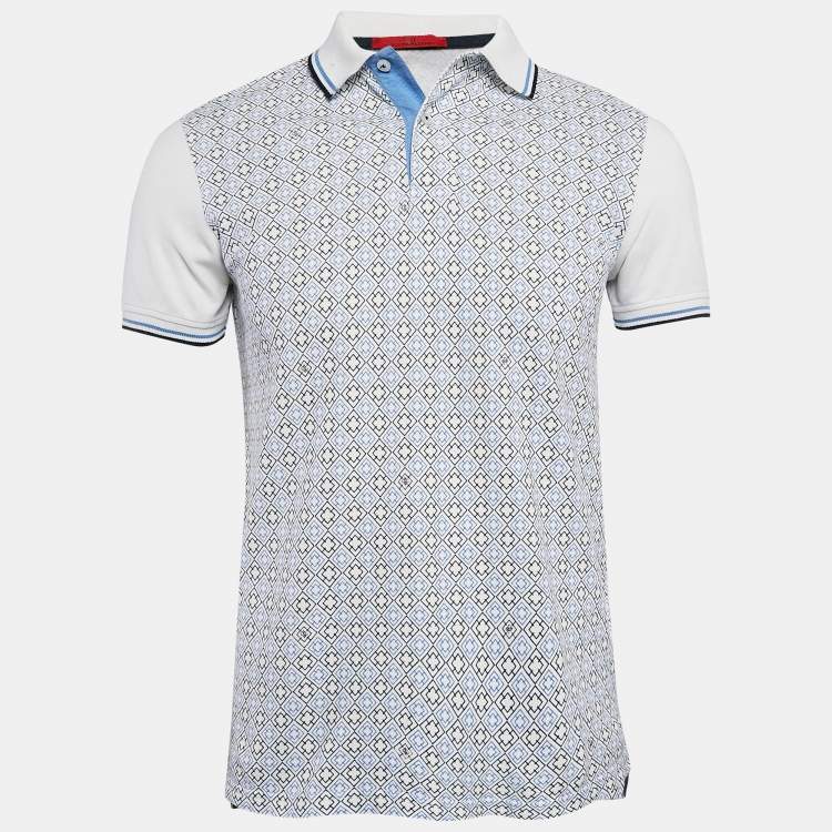 Pre Owned CH Carolina Herrera White/Blue Printed Cotton Polo T-Shirt S