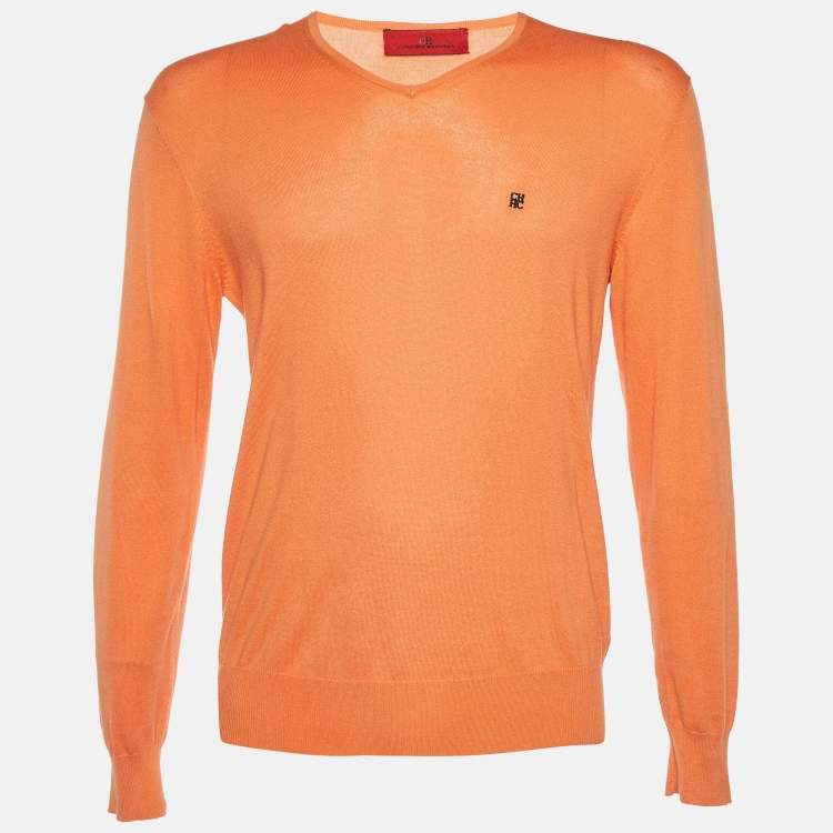 Pre Owned CH Carolina Herrera Orange Cotton Knit V-Neck Sweater S