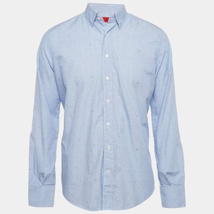 Pre Owned CH Carolina Herrera Blue Printed Chambray Button Front Shirt L