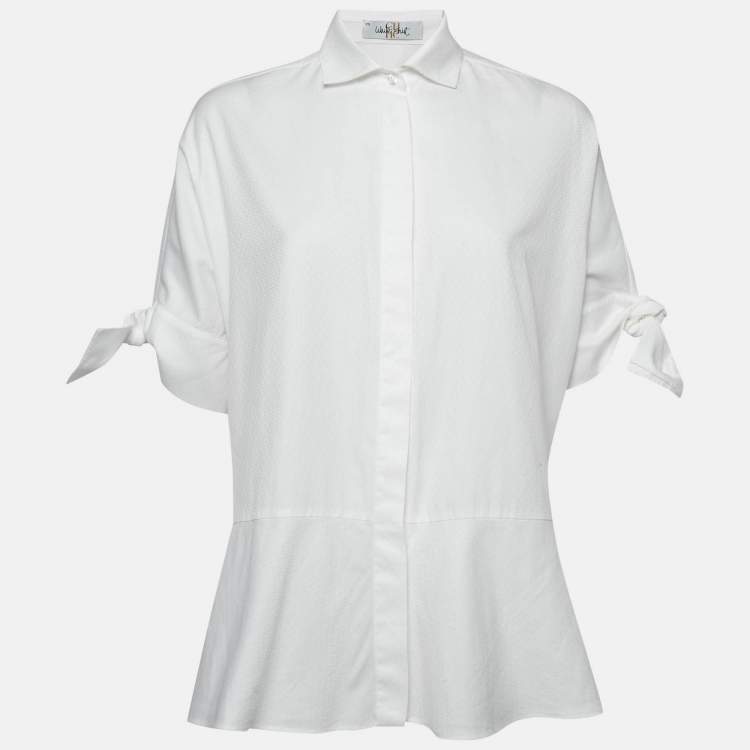 Pre Owned CH Carolina Herrera White Logo Jacquard Cotton Button Front Blouse XS