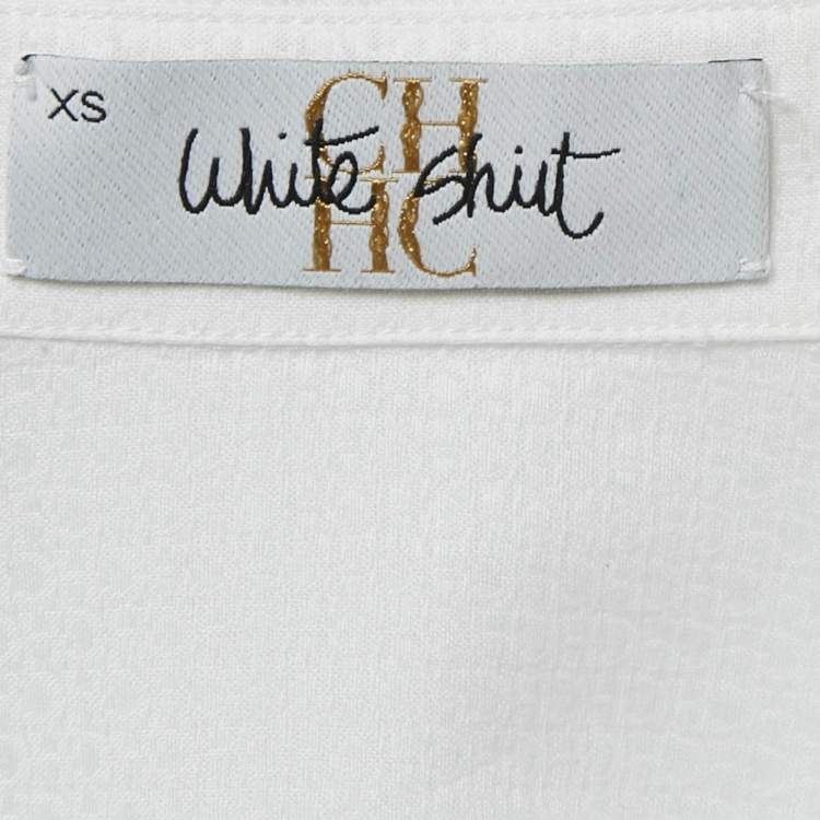 Pre Owned CH Carolina Herrera White Logo Jacquard Cotton Button Front Blouse XS