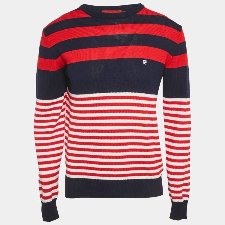 Pre Owned CH Carolina Herrera Red/Blue Rib Knit Crew Neck Sweater S