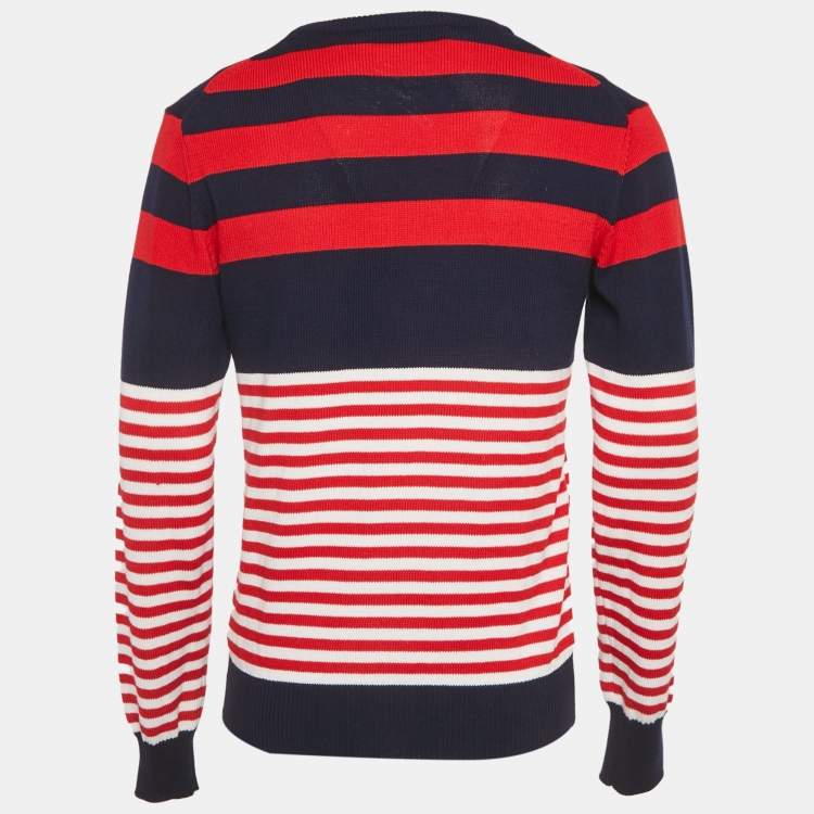 Pre Owned CH Carolina Herrera Red/Blue Rib Knit Crew Neck Sweater S