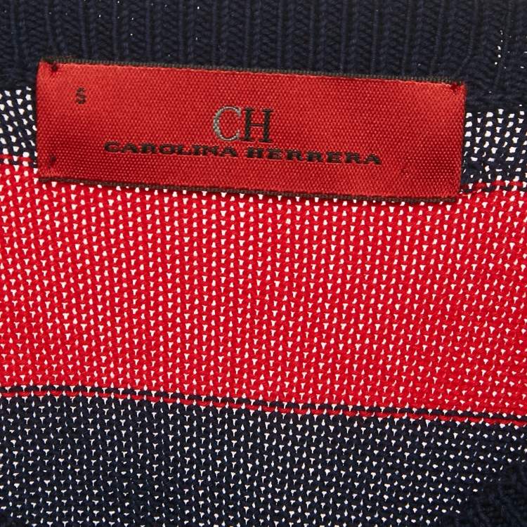 Pre Owned CH Carolina Herrera Red/Blue Rib Knit Crew Neck Sweater S