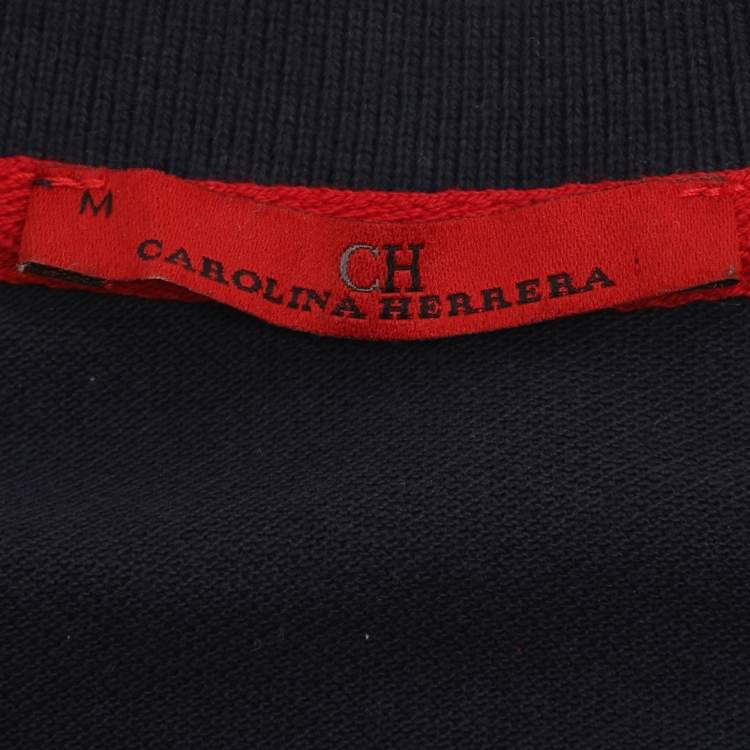 Pre Owned CH Carolina Herrera Navy Blue Dotted Print Jersey Polo T-Shirt M