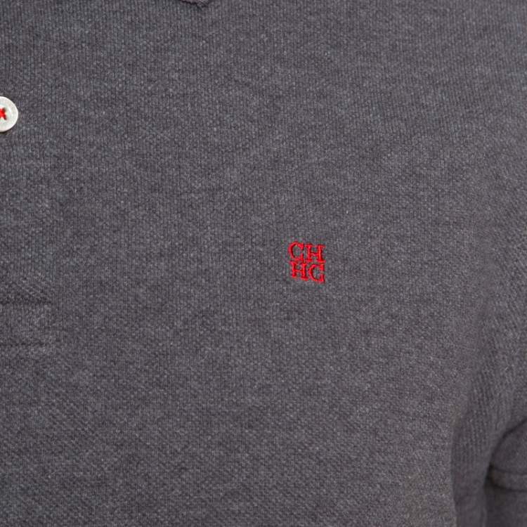Pre Owned CH Carolina Herrera Grey Honeycomb Knit Logo Embroidered Polo T-Shirt M