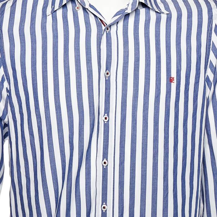 Pre Owned CH Carolina Herrera Blue & White Striped Cotton Button Front Shirt L