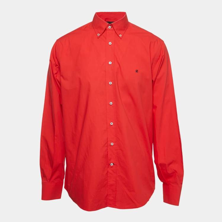 Pre Owned CH Carolina Herrera Red Logo Embroidered Cotton Button Down Full Sleeve Shirt XXL 
