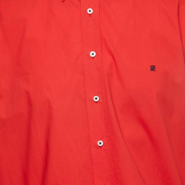 Pre Owned CH Carolina Herrera Red Logo Embroidered Cotton Button Down Full Sleeve Shirt XXL 