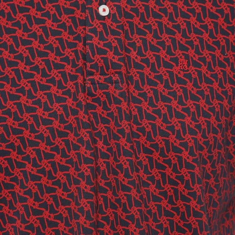 Pre Owned CH Carolina Herrera Navy Blue/Red Printed Cotton Pique Polo T-Shirt L