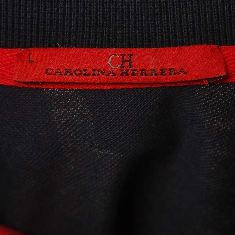 Pre Owned CH Carolina Herrera Navy Blue/Red Printed Cotton Pique Polo T-Shirt L