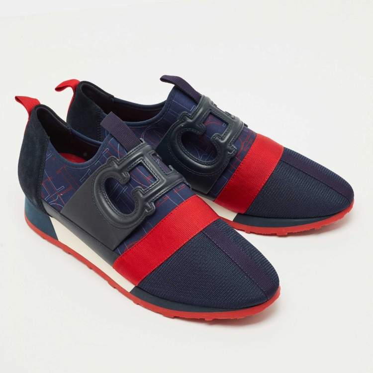 Pre Owned CH Carolina Herrera Navy Blue/Red Canvas Logo Print Low Top Sneakers Size 42