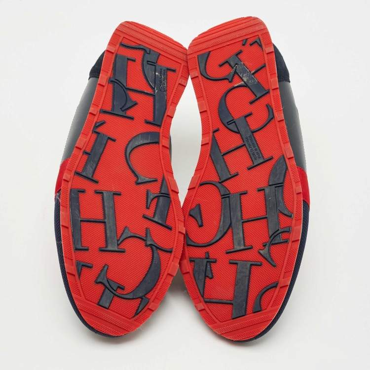 Pre Owned CH Carolina Herrera Navy Blue/Red Canvas Logo Print Low Top Sneakers Size 42