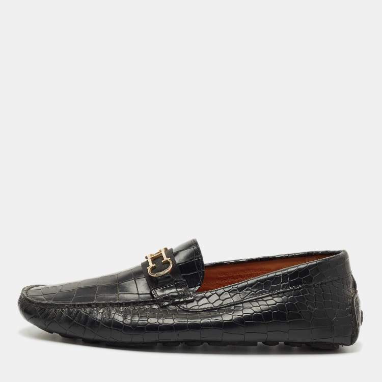 Pre Owned CH Carolina Herrera Black Croc Embossed Leather Slip On Loafers Size 43