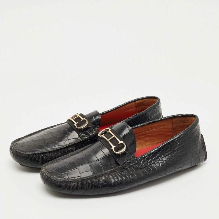 Pre Owned CH Carolina Herrera Black Croc Embossed Leather Slip On Loafers Size 43