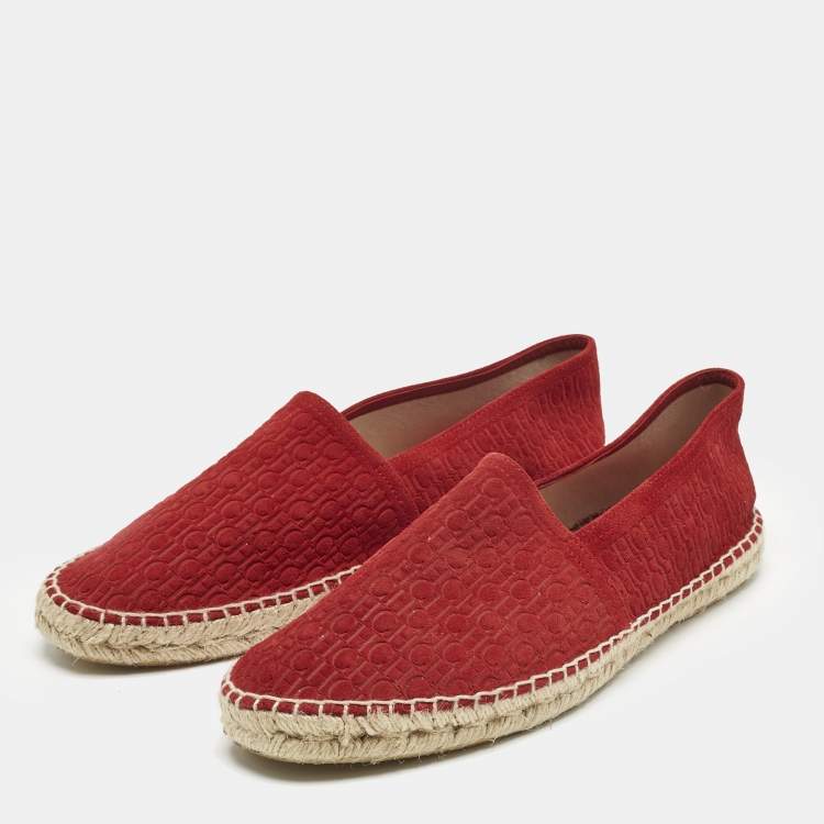 Pre Owned CH Carolina Herrera Red Monogram Suede Slip On Espadrilles Size 42