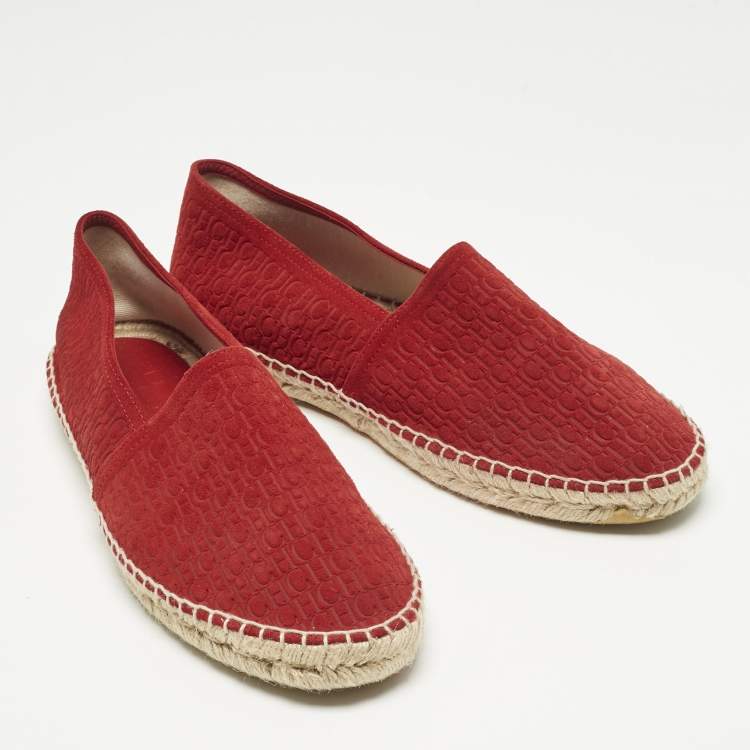 Pre Owned CH Carolina Herrera Red Monogram Suede Slip On Espadrilles Size 42