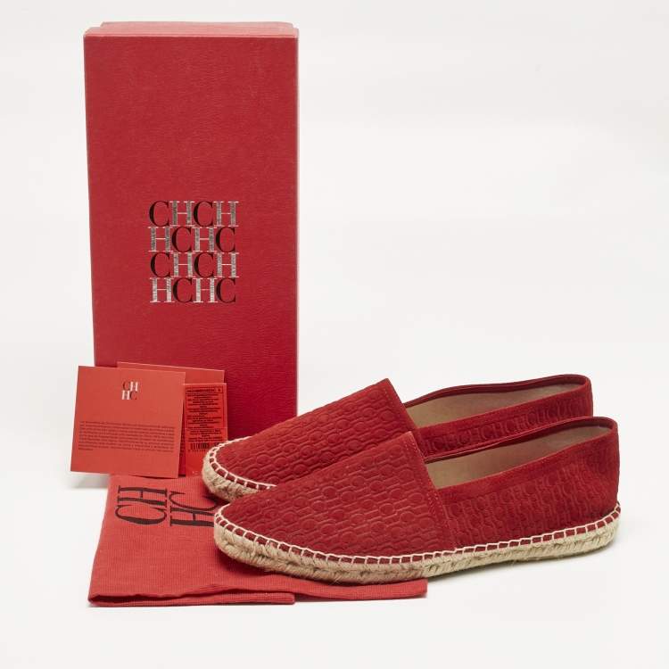 Pre Owned CH Carolina Herrera Red Monogram Suede Slip On Espadrilles Size 42