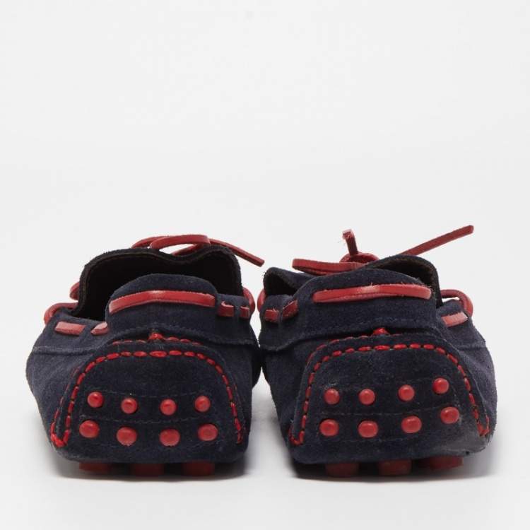 Pre Owned CH Carolina Herrera Navy Blue/Red Suede Bow Loafers Size 42