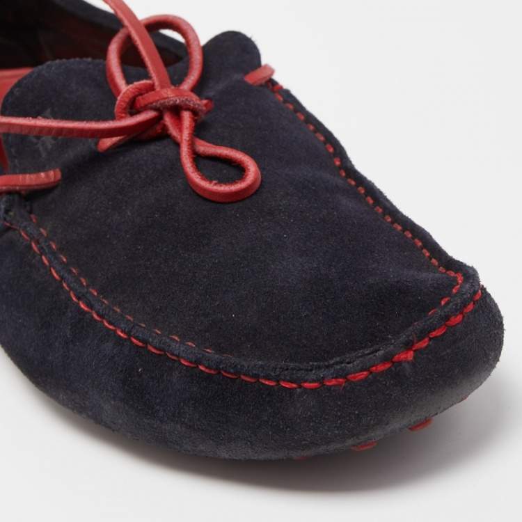 Pre Owned CH Carolina Herrera Navy Blue/Red Suede Bow Loafers Size 42