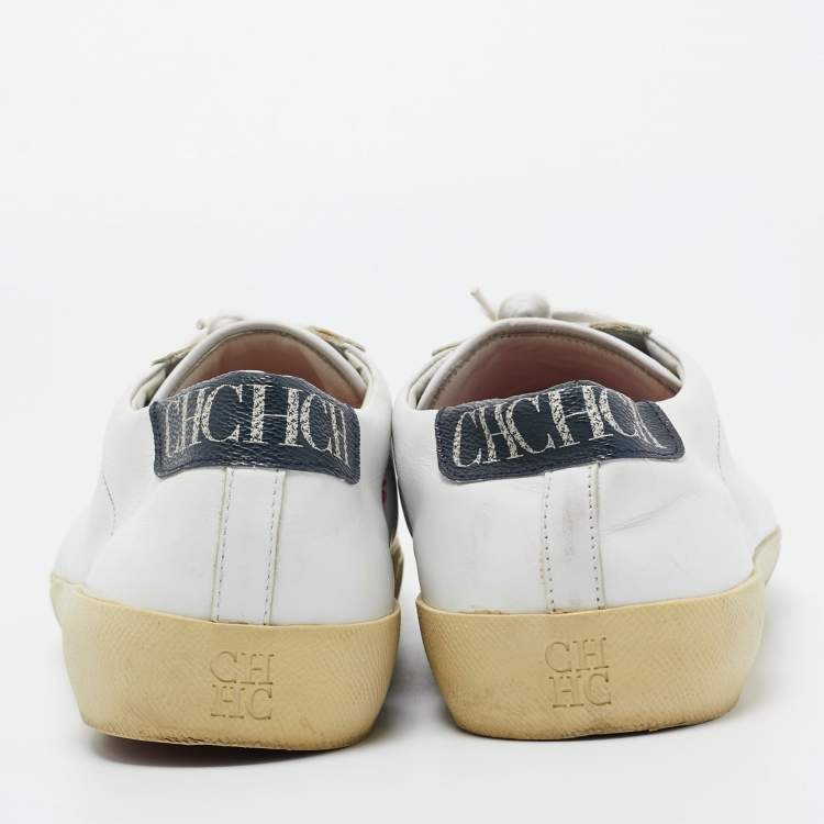 Pre Owned CH Carolina Herrera White/Beige Leather and Canvas Low Top Sneakers Size 43.5 