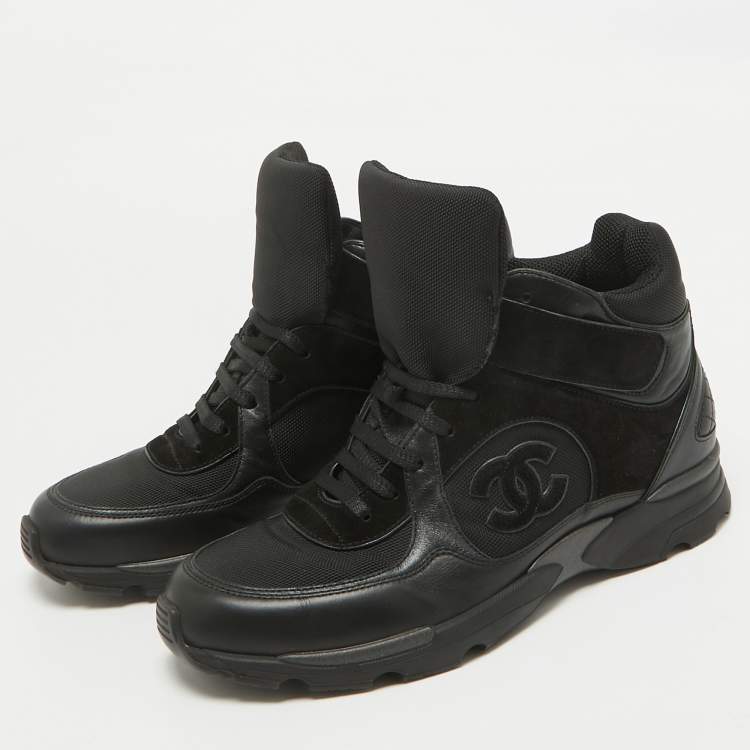 Pre Owned Chanel Black Leather And Suede CC High Top Sneakers Size 42
