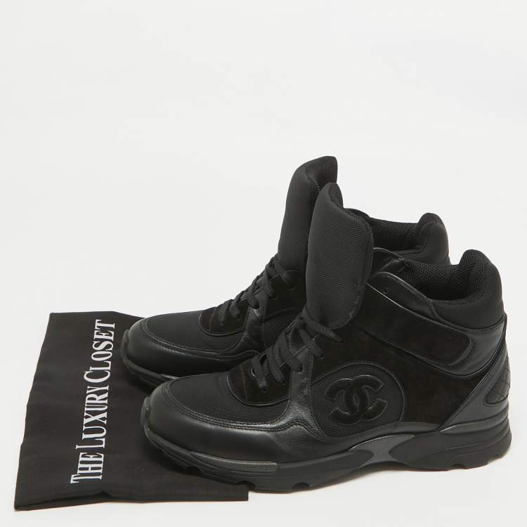 Pre Owned Chanel Black Leather And Suede CC High Top Sneakers Size 42