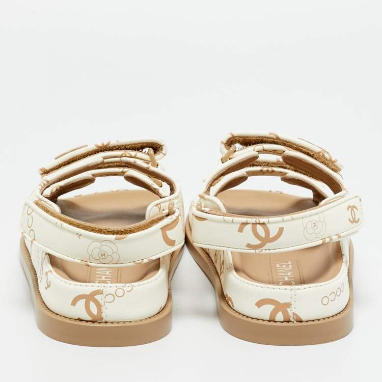 Pre Owned Chanel White Leather Dad Flat Sandals Size 38.5