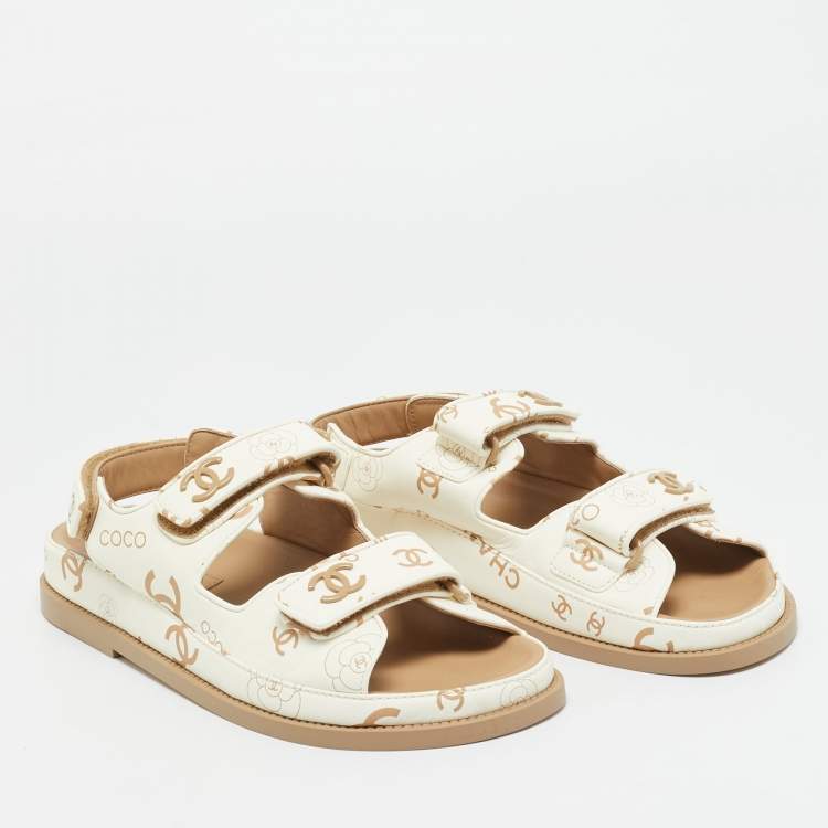Pre Owned Chanel White Leather Dad Flat Sandals Size 38.5