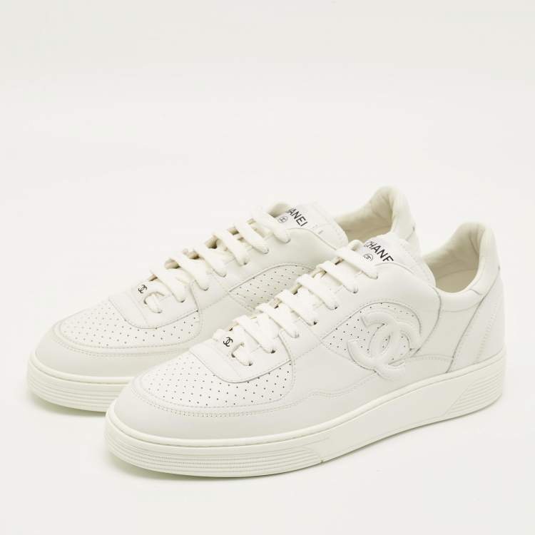 Pre Owned Chanel Size 46 White Perforated Leather Lace Up Sneakers