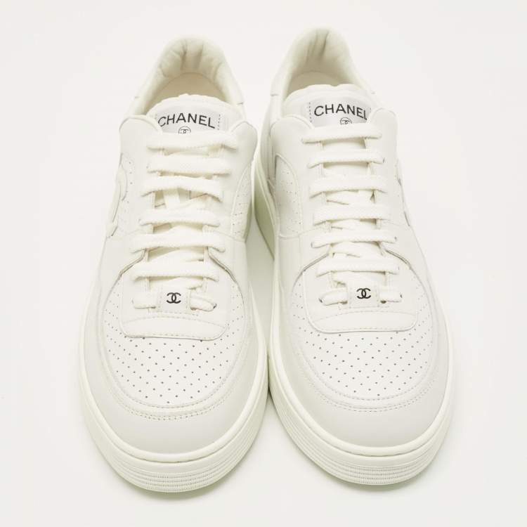 Pre Owned Chanel Size 46 White Perforated Leather Lace Up Sneakers