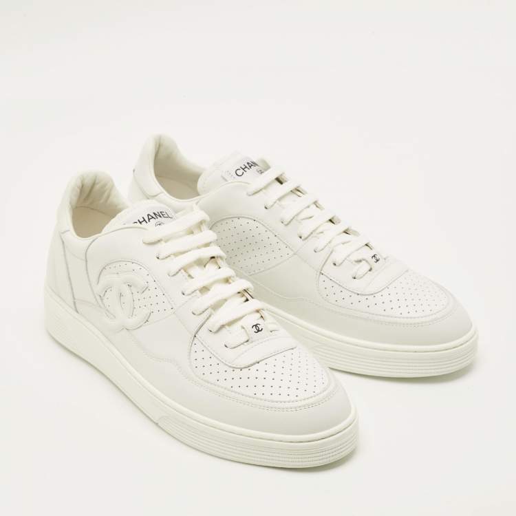 Pre Owned Chanel Size 46 White Perforated Leather Lace Up Sneakers
