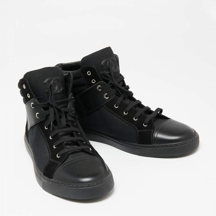 Pre Owned Chanel Black  Leather and Canvas  High-Top Sneakers Size 45 