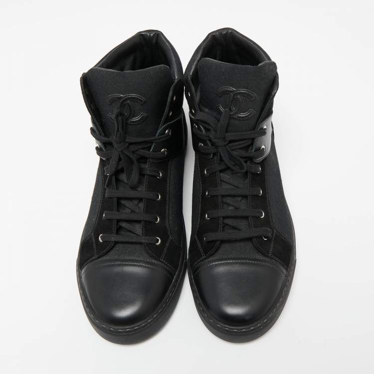 Pre Owned Chanel Black  Leather and Canvas  High-Top Sneakers Size 45 