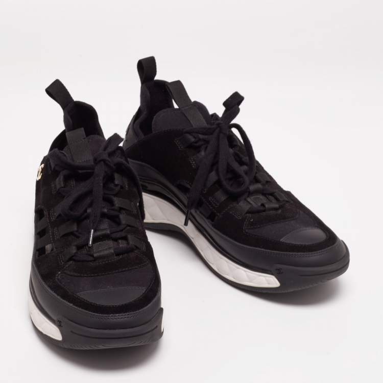 Pre Owned Chanel Black Leather CC Lace Up Sneakers  Size 41