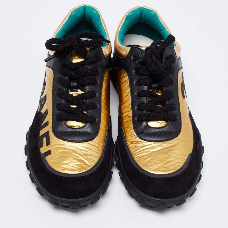 Pre Owned Chanel Black/Gold Leather and Suede CC Low-Top Sneakers Size 41.5
