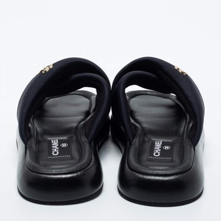 Pre Owned Chanel Black Fabric CC Slide Sandals Size 42
