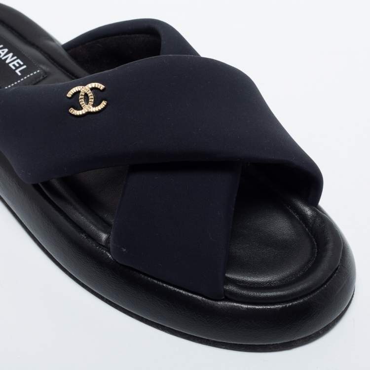 Pre Owned Chanel Black Fabric CC Slide Sandals Size 42