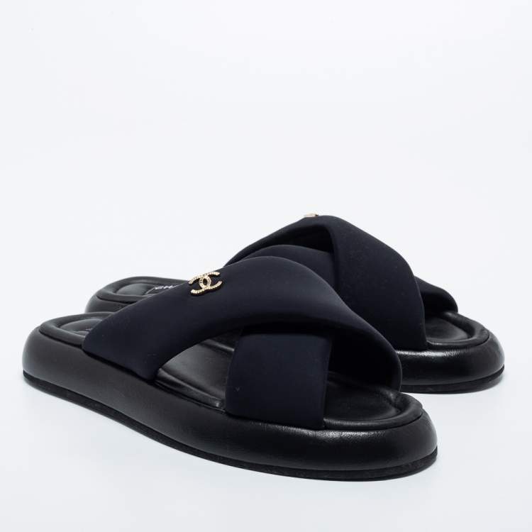 Pre Owned Chanel Black Fabric CC Slide Sandals Size 42