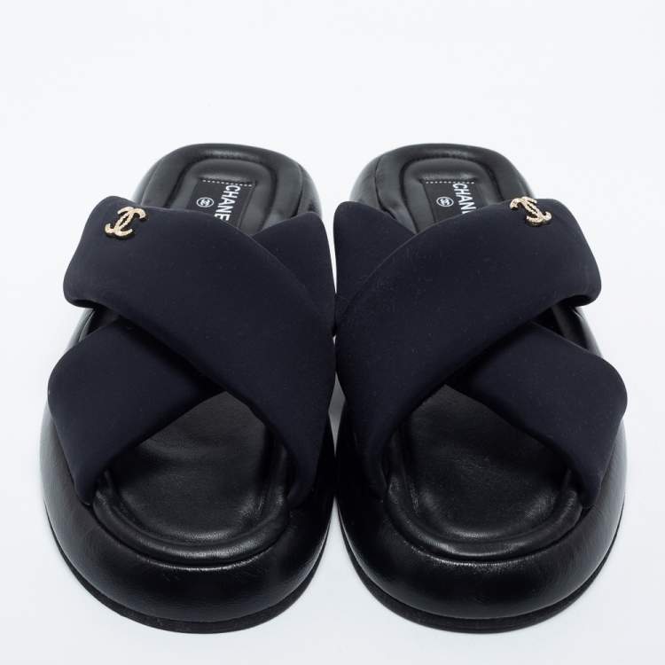 Pre Owned Chanel Black Fabric CC Slide Sandals Size 42