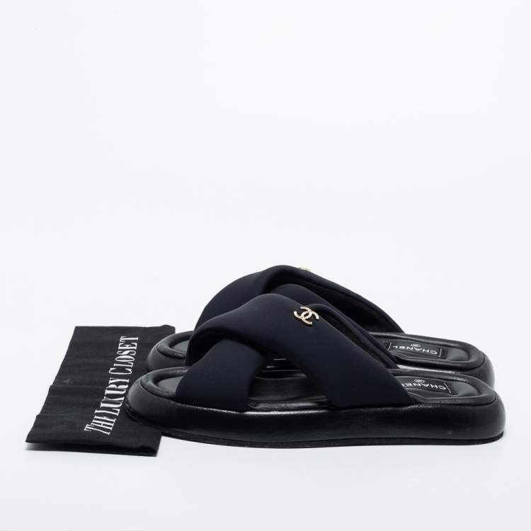 Pre Owned Chanel Black Fabric CC Slide Sandals Size 42